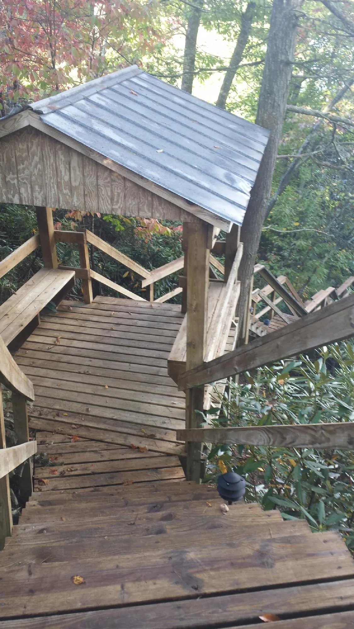 Metal roofed shelter over wooden steps on a wooded walkway — Skylight Repair & Installation work by our crew in Naturita